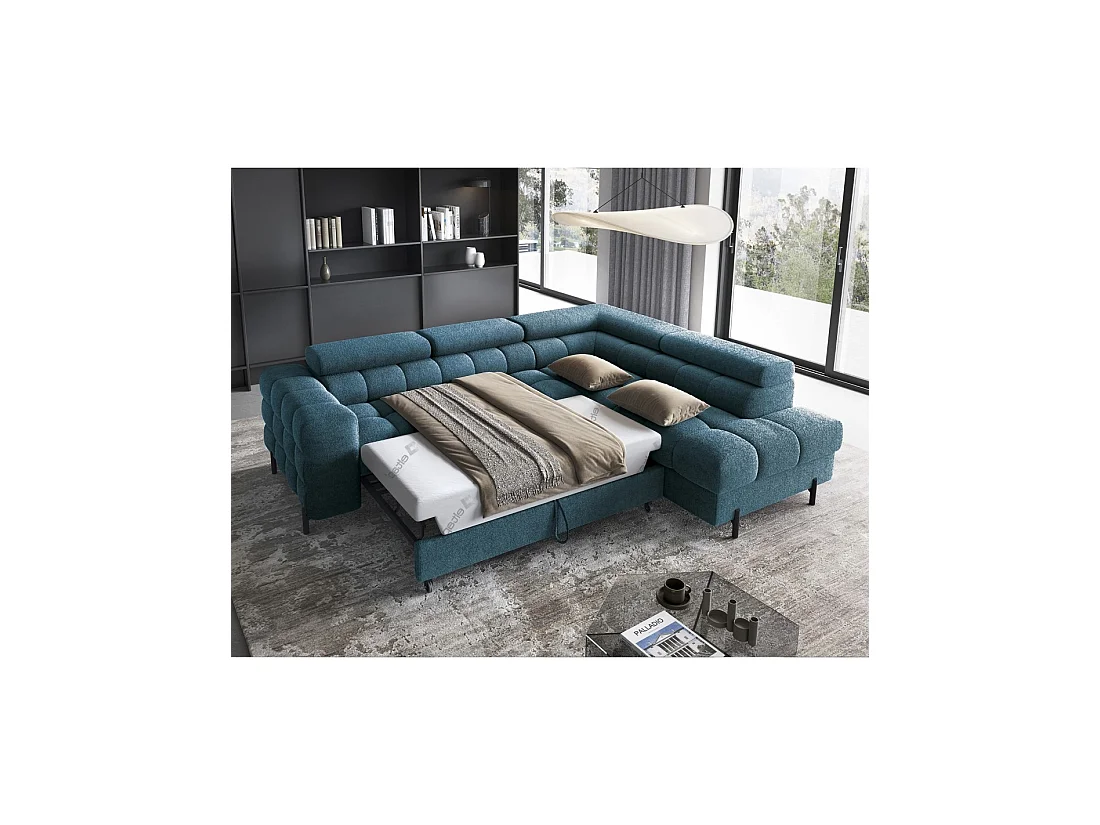 Sofá de esquina derecha FERRUM Azul oscuro con cofre espuma HR 276x93x200cm