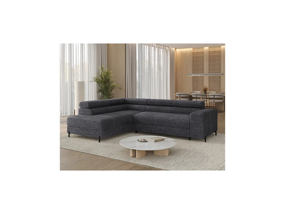 Canapé d'angle COLESIA convertible 5 places gris foncé velours côtelé – izquierda – 274x200cm