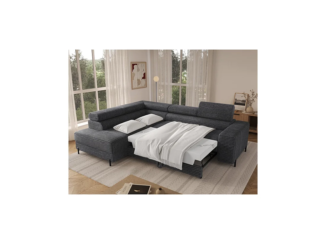 Canapé d'angle COLESIA convertible 5 places gris foncé velours côtelé – izquierda – 274x200cm