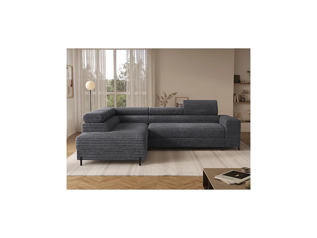Canapé d'angle COLESIA convertible 5 places gris foncé velours côtelé – izquierda – 274x200cm