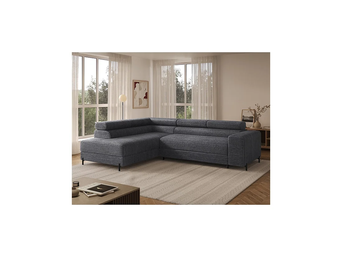 Canapé d'angle COLESIA convertible 5 places gris foncé velours côtelé – izquierda – 274x200cm