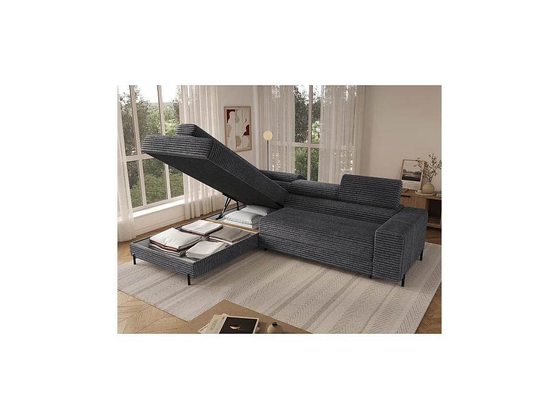 Canapé d'angle COLESIA convertible 5 places gris foncé velours côtelé – izquierda – 274x200cm