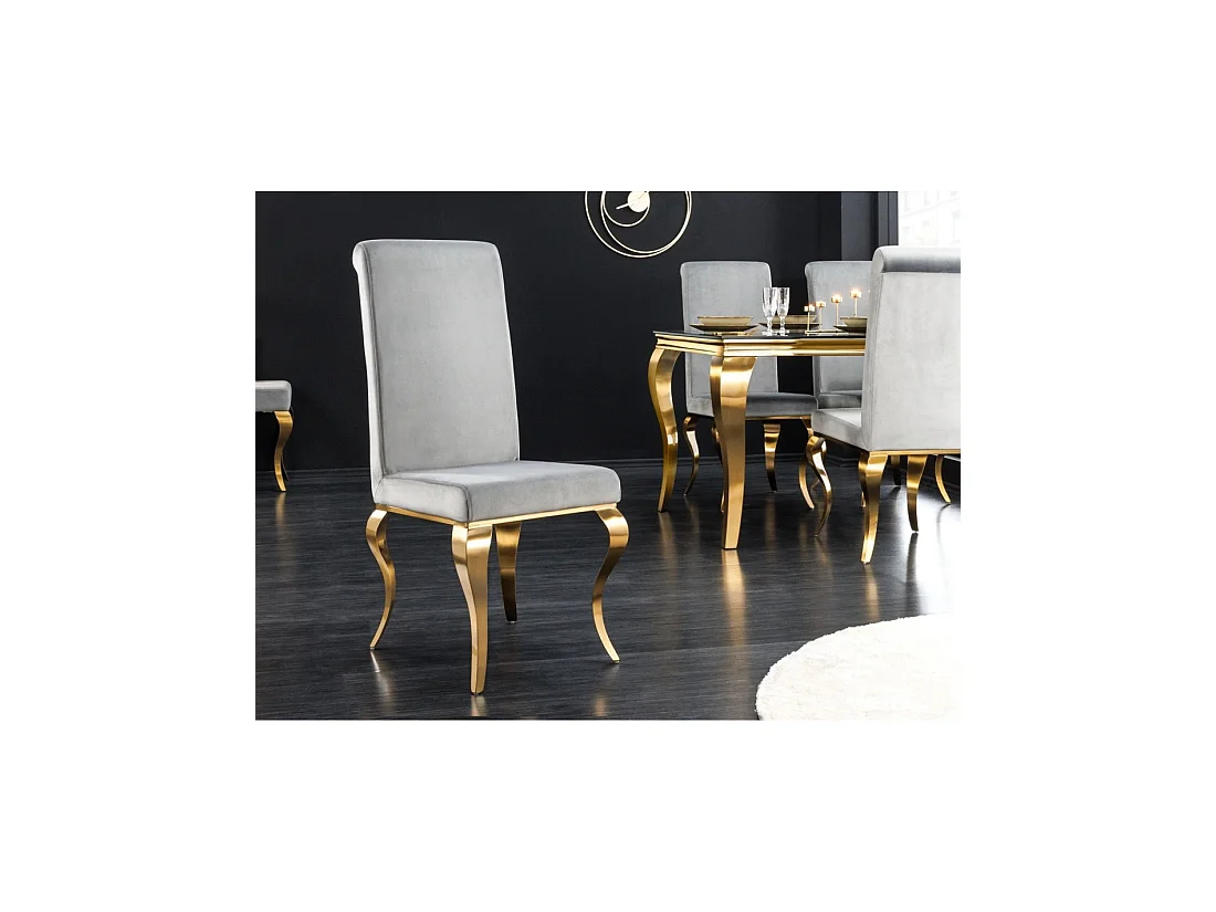 Lot de 2 chaises VELENA gris et doré – Velours, haut dossier et pieds galbés