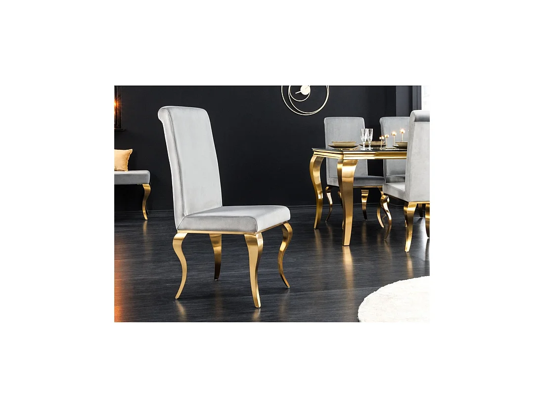 Lot de 2 chaises VELENA gris et doré – Velours, haut dossier et pieds galbés