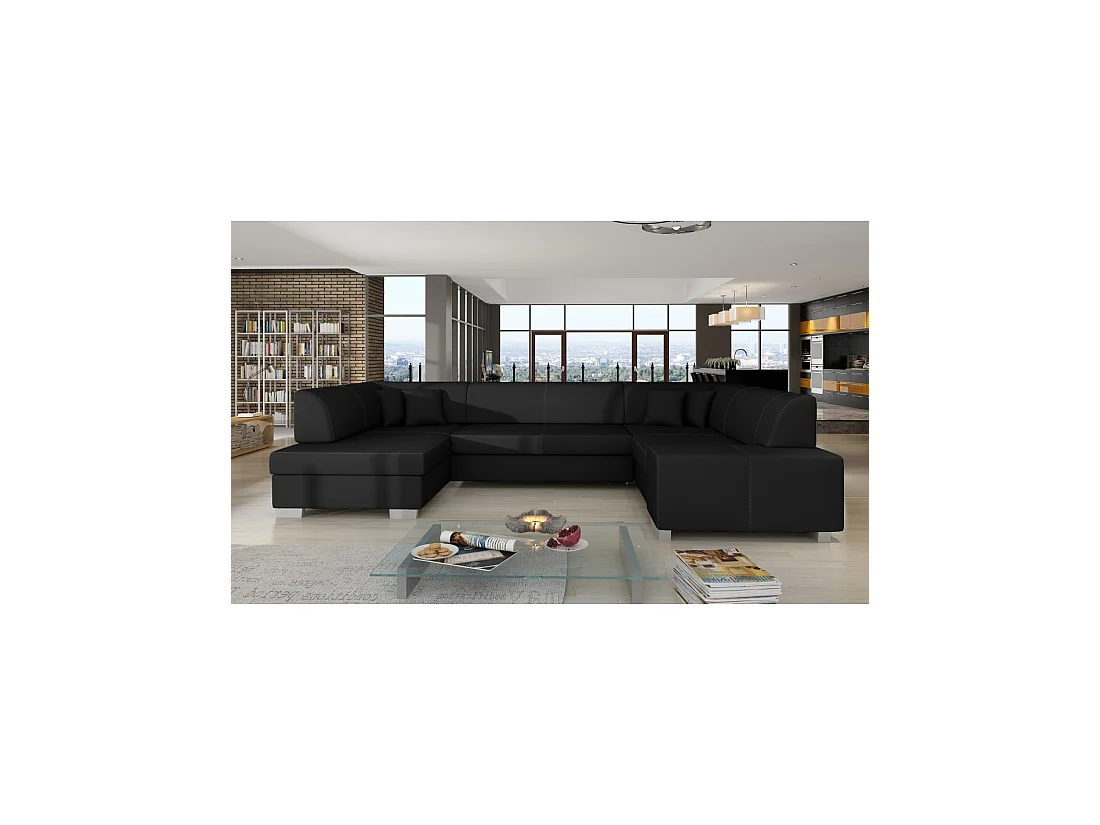 Canapé panoramique en U Noir convertible 6 places HAVANE confort moelleux