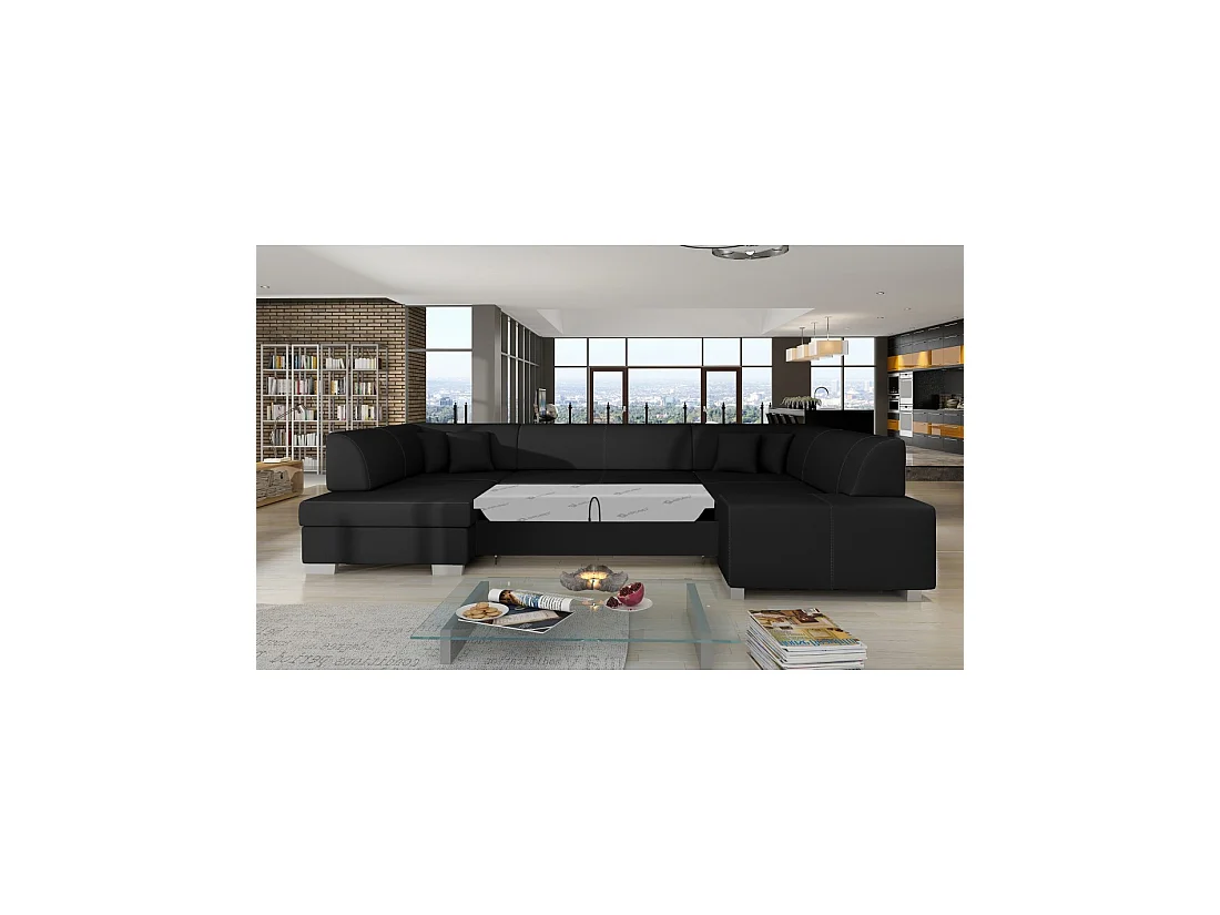 Canapé panoramique en U Noir convertible 6 places HAVANE confort moelleux