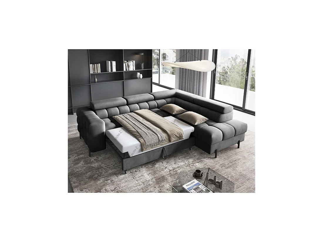 Hoekbank rechts converteerbaar Donkergrijs 5 zitplaatsen FERRUM comfortabele zitting 276x93x200cm