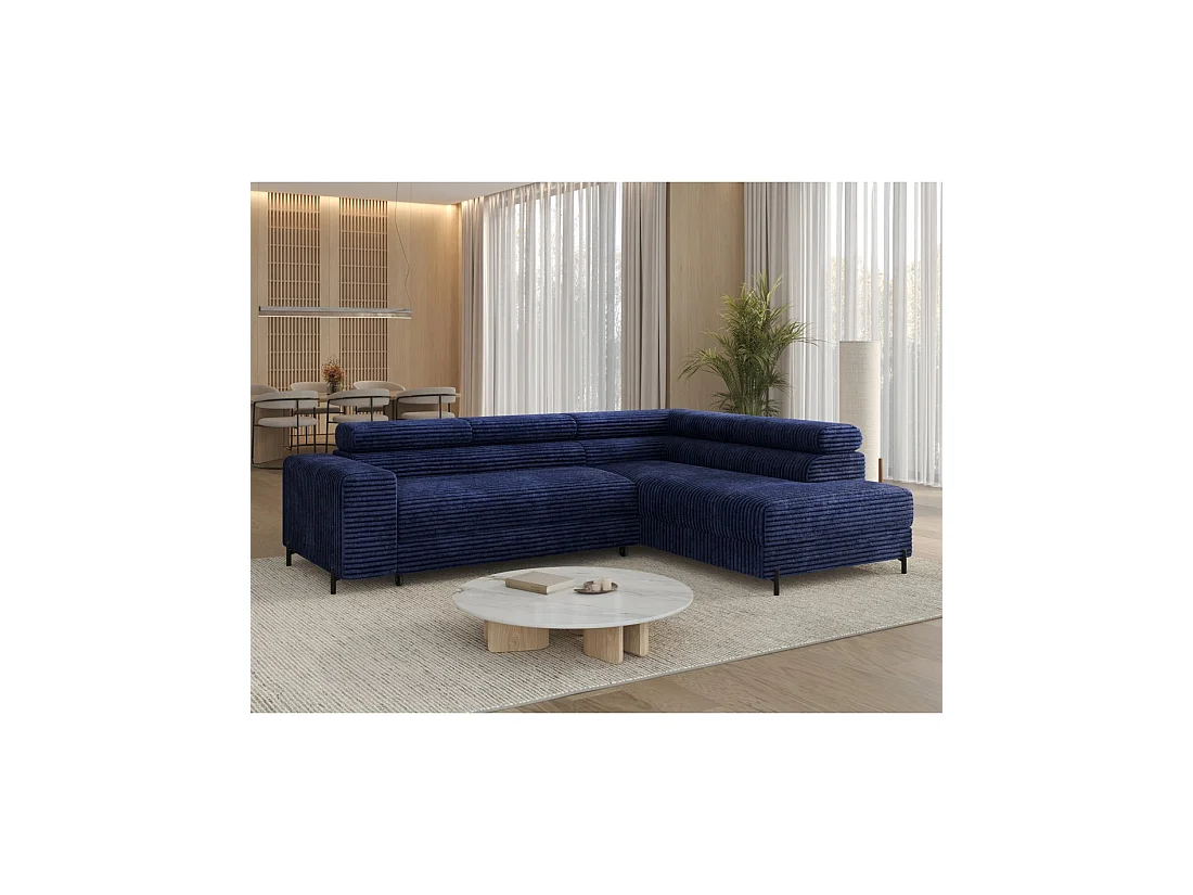 Canapé d'angle COLESIA convertible 5 places bleu foncé velours côtelé – droit – 274x200cm