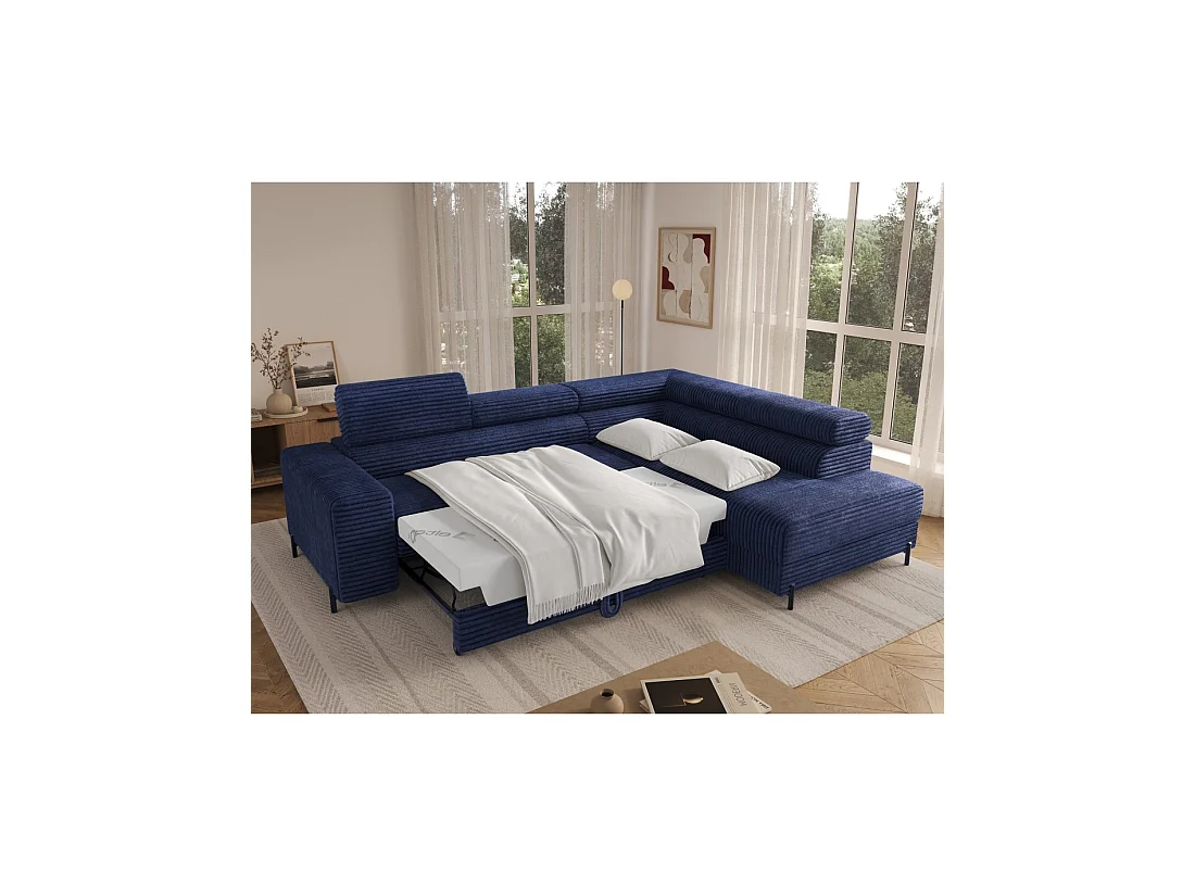 Canapé d'angle COLESIA convertible 5 places bleu foncé velours côtelé – droit – 274x200cm