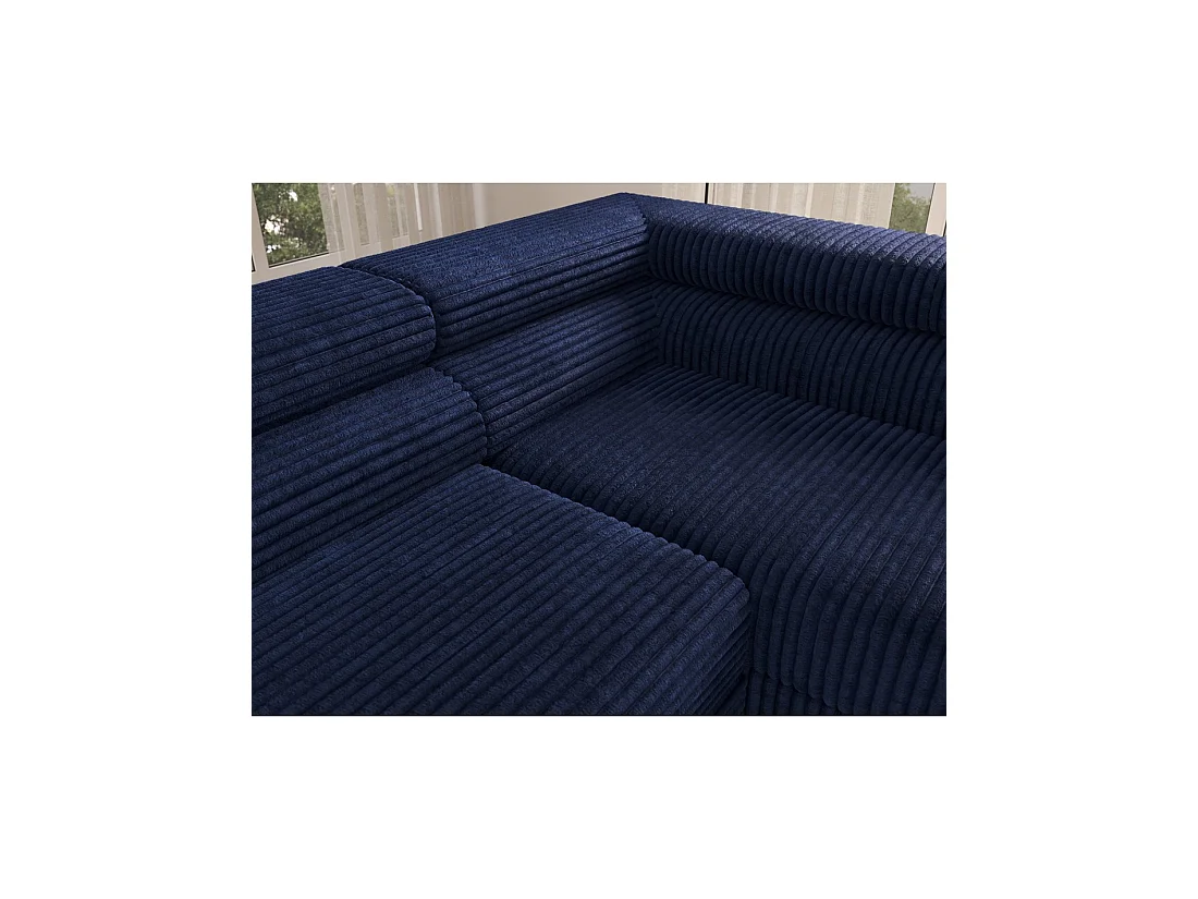 Canapé d'angle COLESIA convertible 5 places bleu foncé velours côtelé – droit – 274x200cm