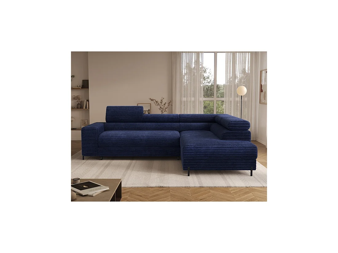 Canapé d'angle COLESIA convertible 5 places bleu foncé velours côtelé – droit – 274x200cm