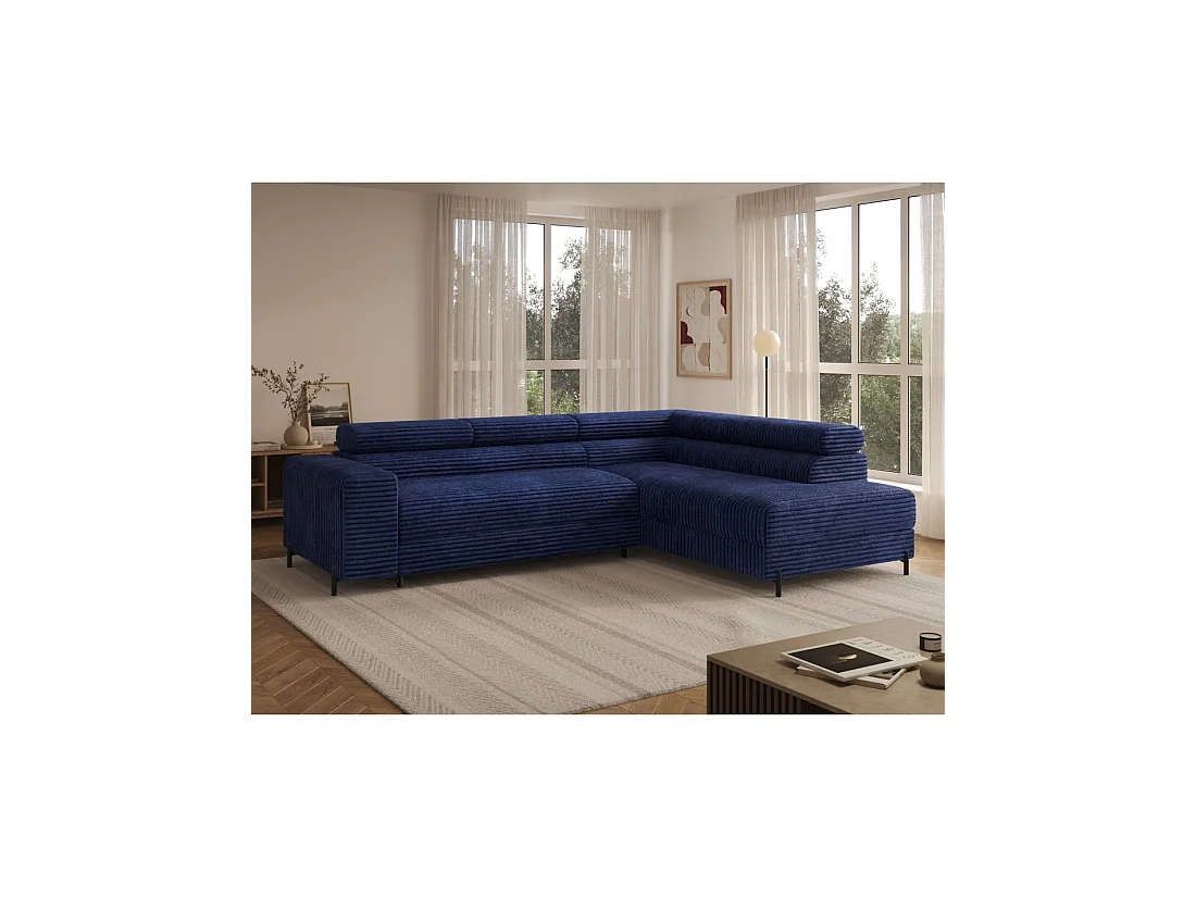 Canapé d'angle COLESIA convertible 5 places bleu foncé velours côtelé – droit – 274x200cm