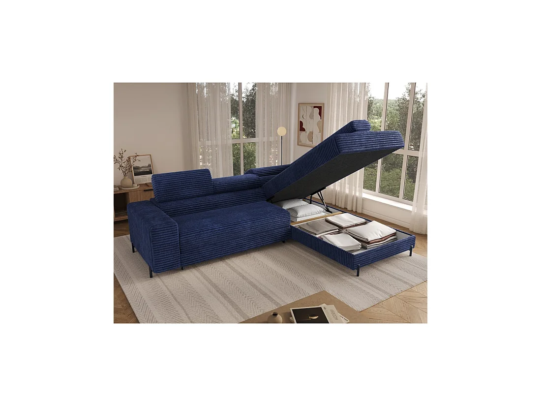 Canapé d'angle COLESIA convertible 5 places bleu foncé velours côtelé – droit – 274x200cm