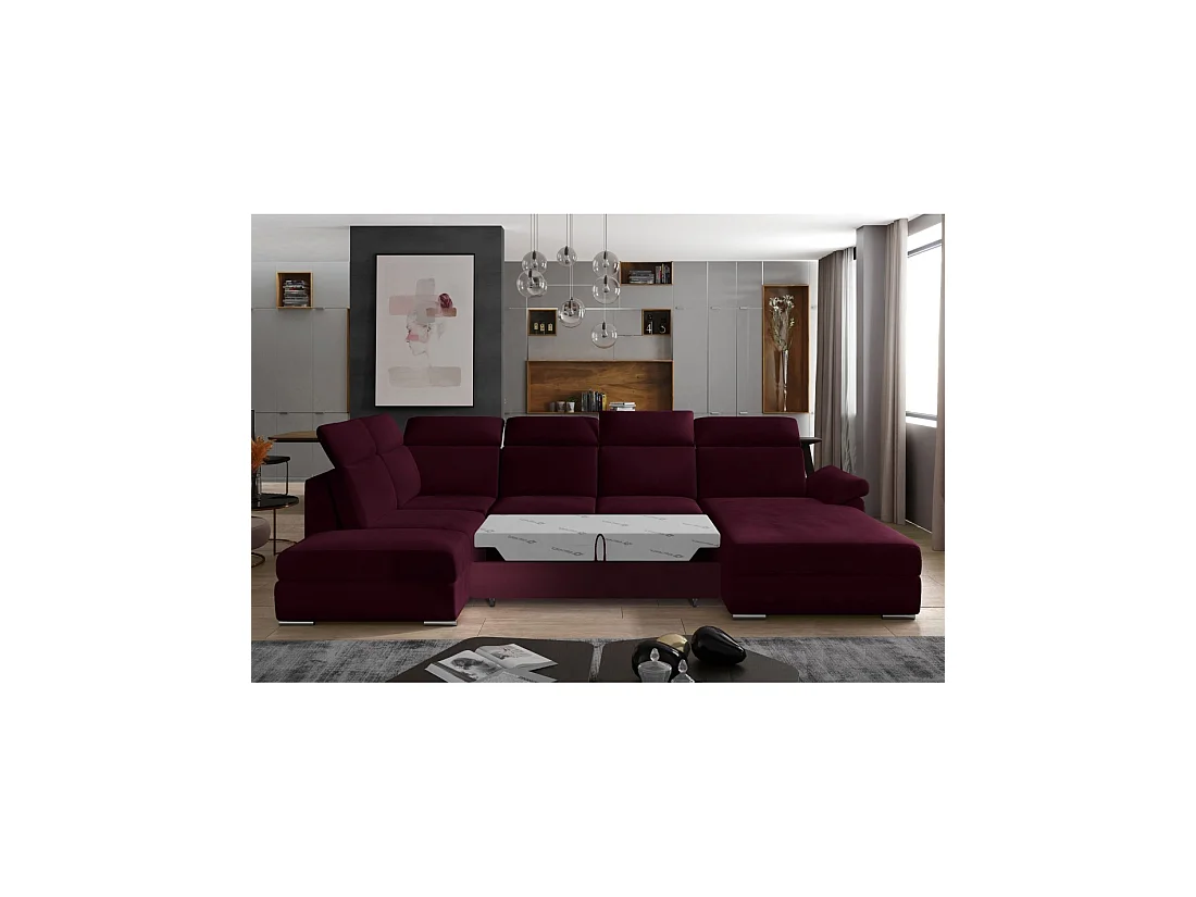 Canapé panoramique convertible MAJESTA 5 places rose foncé – angle droit avec coffre – version 2
