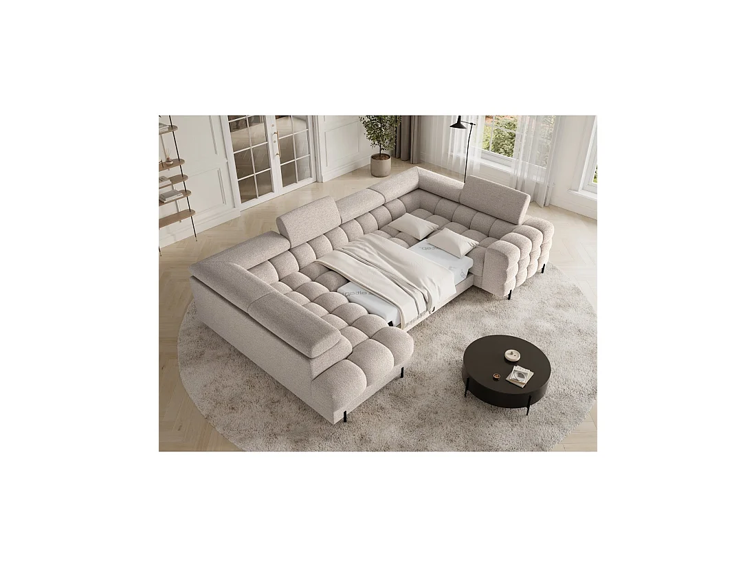 Canapé panoramique convertible FACTORY 3 places beige – angle gauche avec coffre