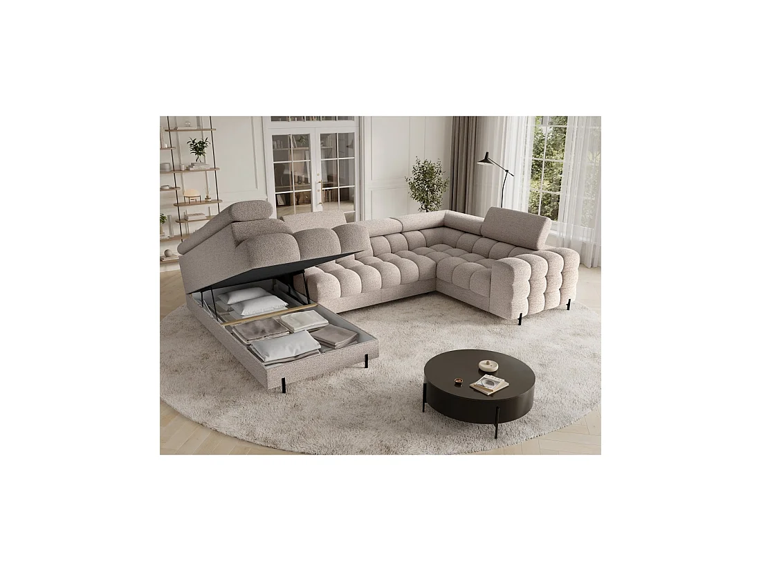 Canapé panoramique convertible FACTORY 3 places beige – angle gauche avec coffre
