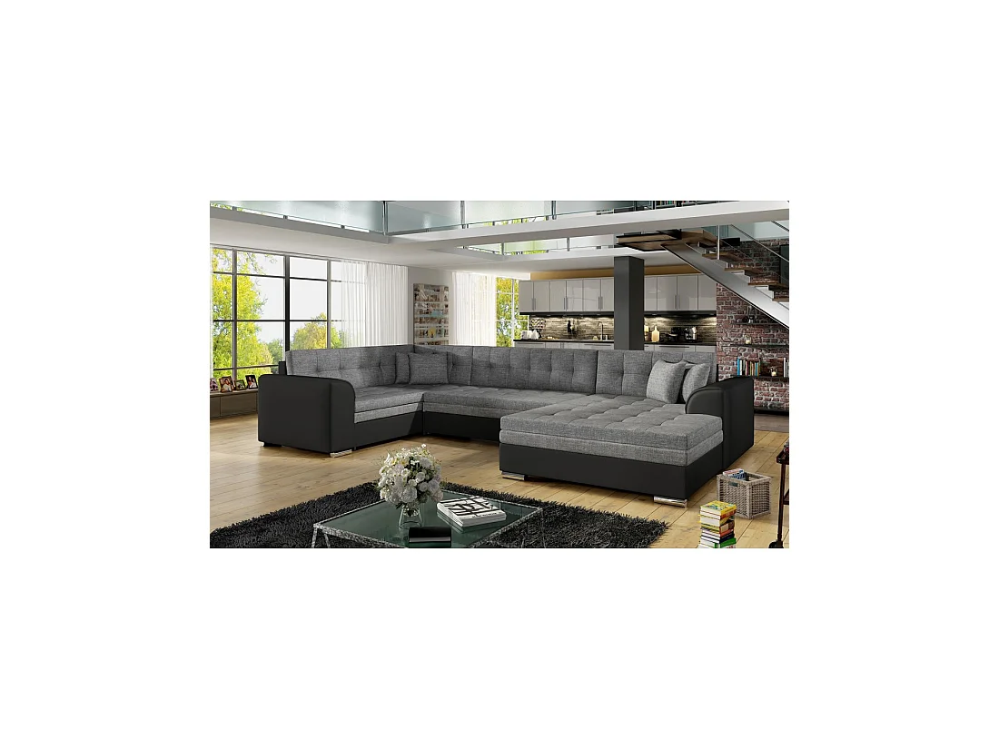 Sofá panorámico convertible CALDERO 5 plazas gris y negro – ángulo derecho