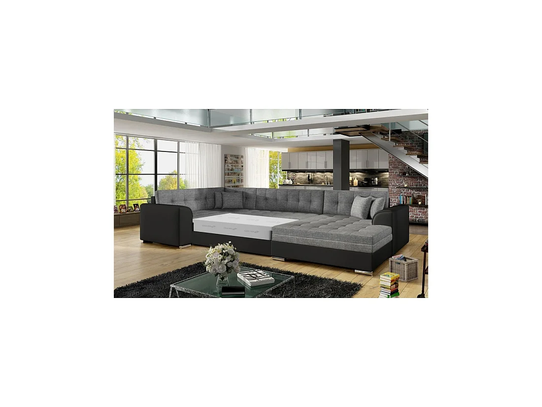 Sofá panorámico convertible CALDERO 5 plazas gris y negro – ángulo derecho