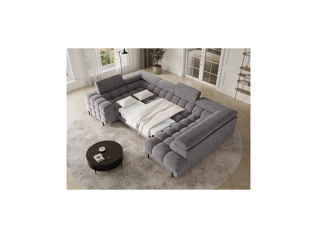 Sofá panorámico convertible FACTORY 3 plazas gris - ángulo derecho con cofre - versión 2
