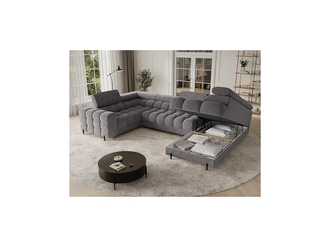 Sofá panorámico convertible FACTORY 3 plazas gris - ángulo derecho con cofre - versión 2