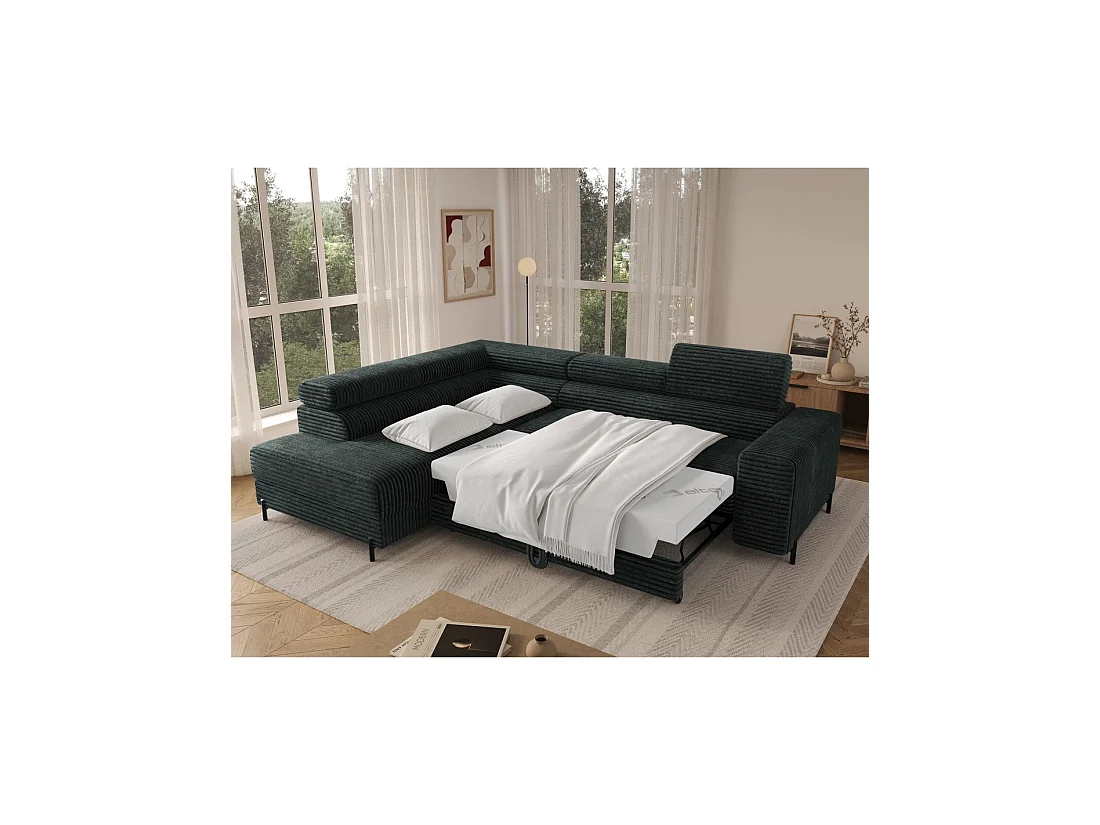 Canapé d'angle COLESIA convertible 5 places vert foncé velours côtelé – gauche – 274x200cm