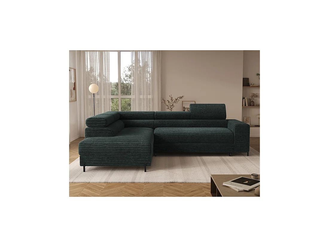 Canapé d'angle COLESIA convertible 5 places vert foncé velours côtelé – gauche – 274x200cm