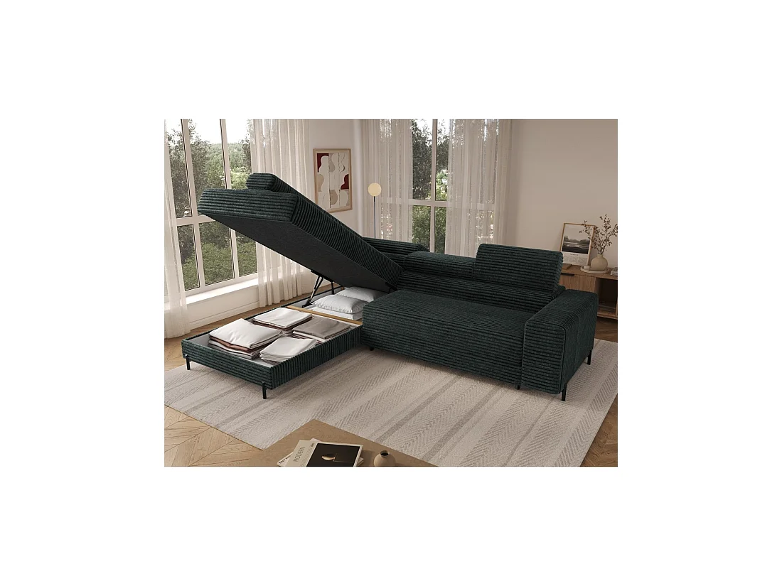 Canapé d'angle COLESIA convertible 5 places vert foncé velours côtelé – gauche – 274x200cm