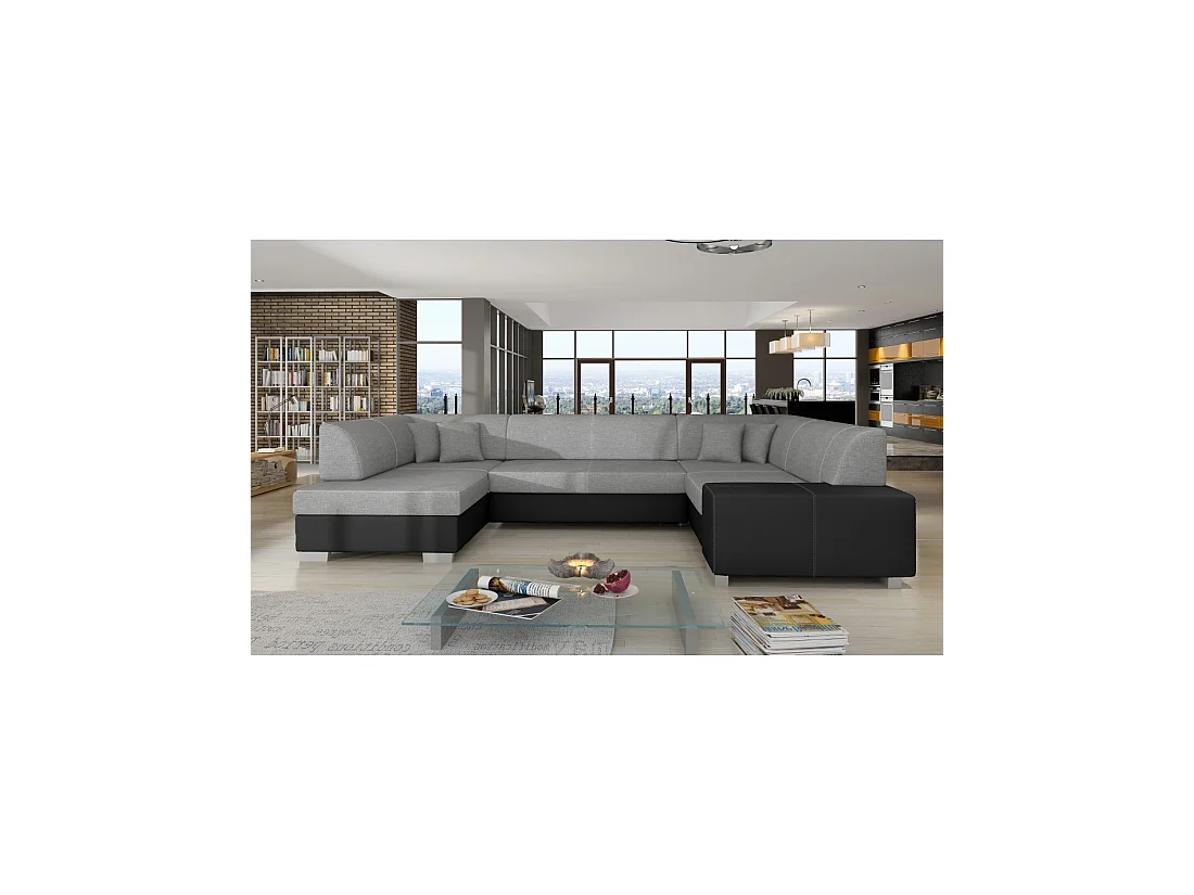 Canapé panoramique en U Gris & Noir convertible 6 places HAVANE avec couchage spacieux