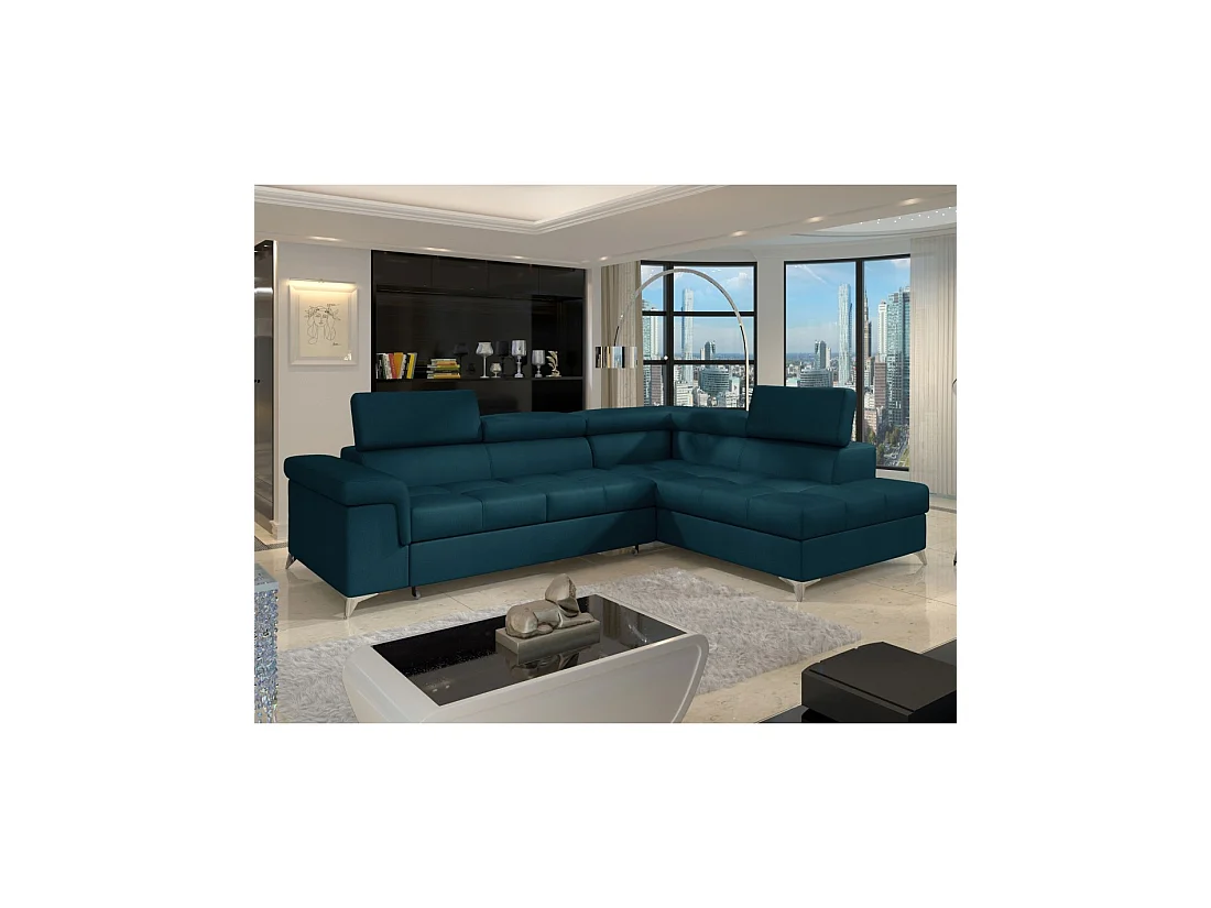Canapé d'angle convertible PALAZZO 4 places bleu foncé – angle droit avec 1 coussin