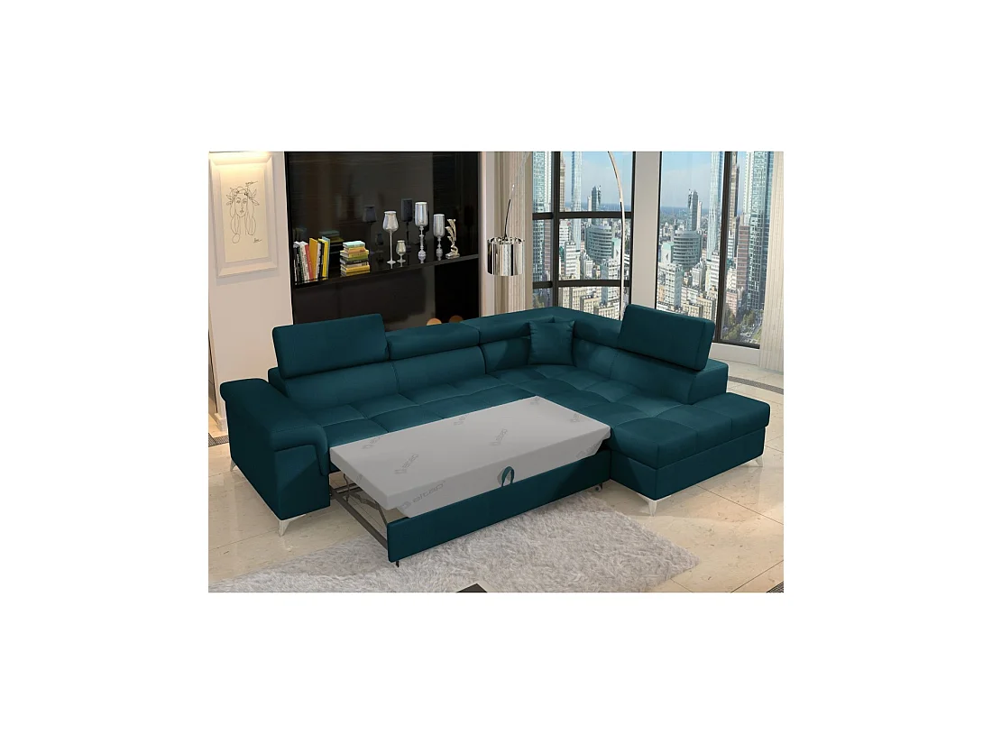 Canapé d'angle convertible PALAZZO 4 places bleu foncé – angle droit avec 1 coussin