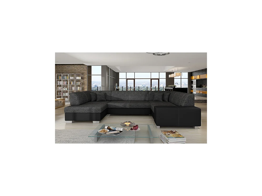 Canapé panoramique en U Gris foncé & Noir convertible 6 places HAVANE design géométrique