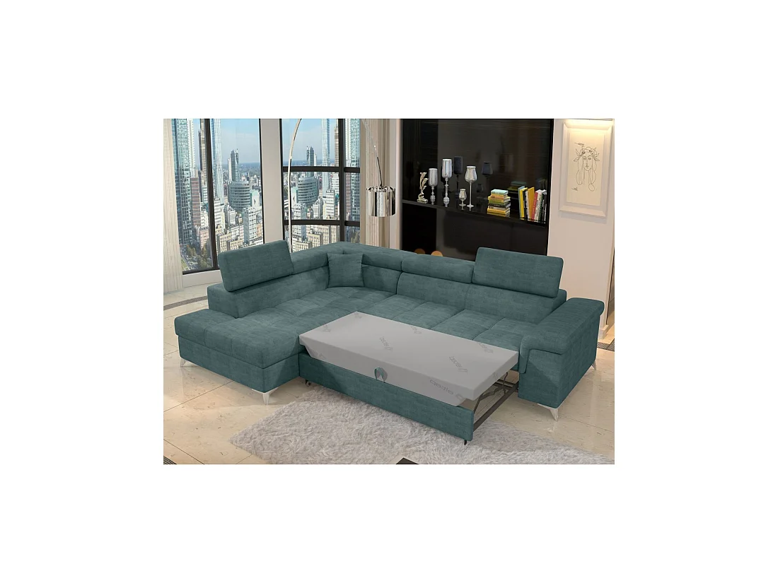Canapé d'angle convertible PALAZZO 4 places vert bleu – angle gauche avec coffre