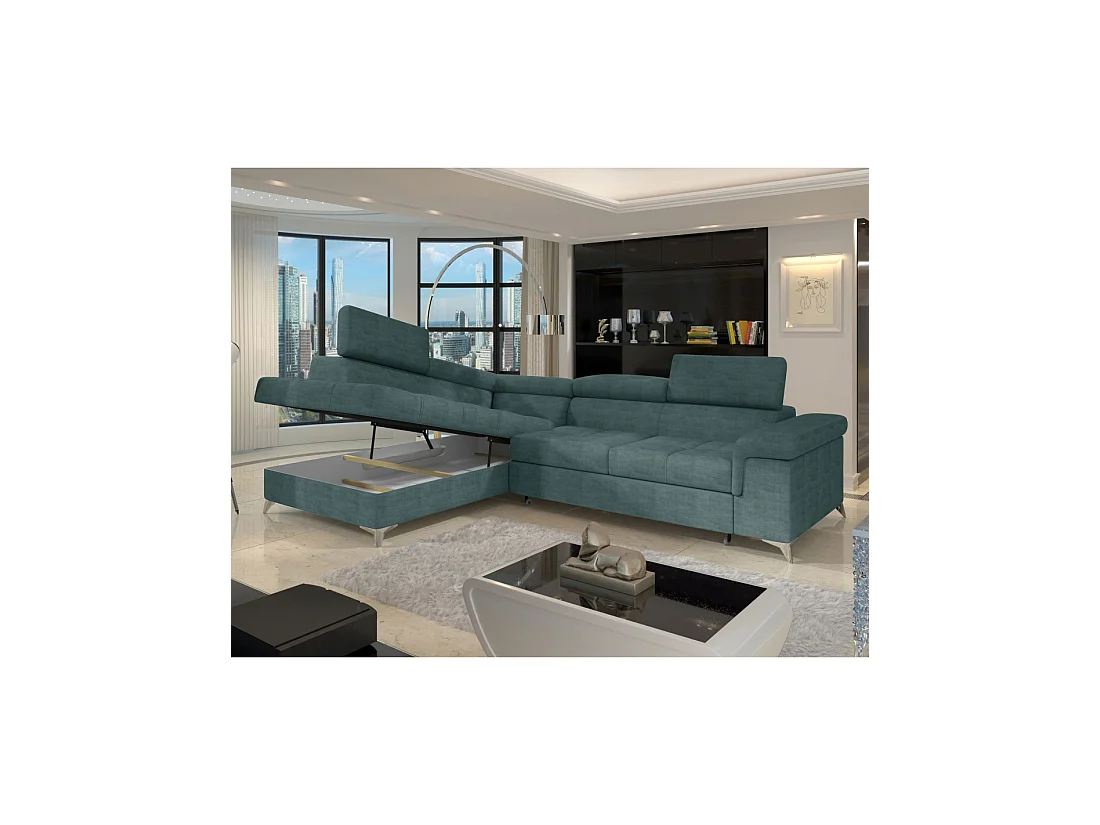 Canapé d'angle convertible PALAZZO 4 places vert bleu – angle gauche avec coffre