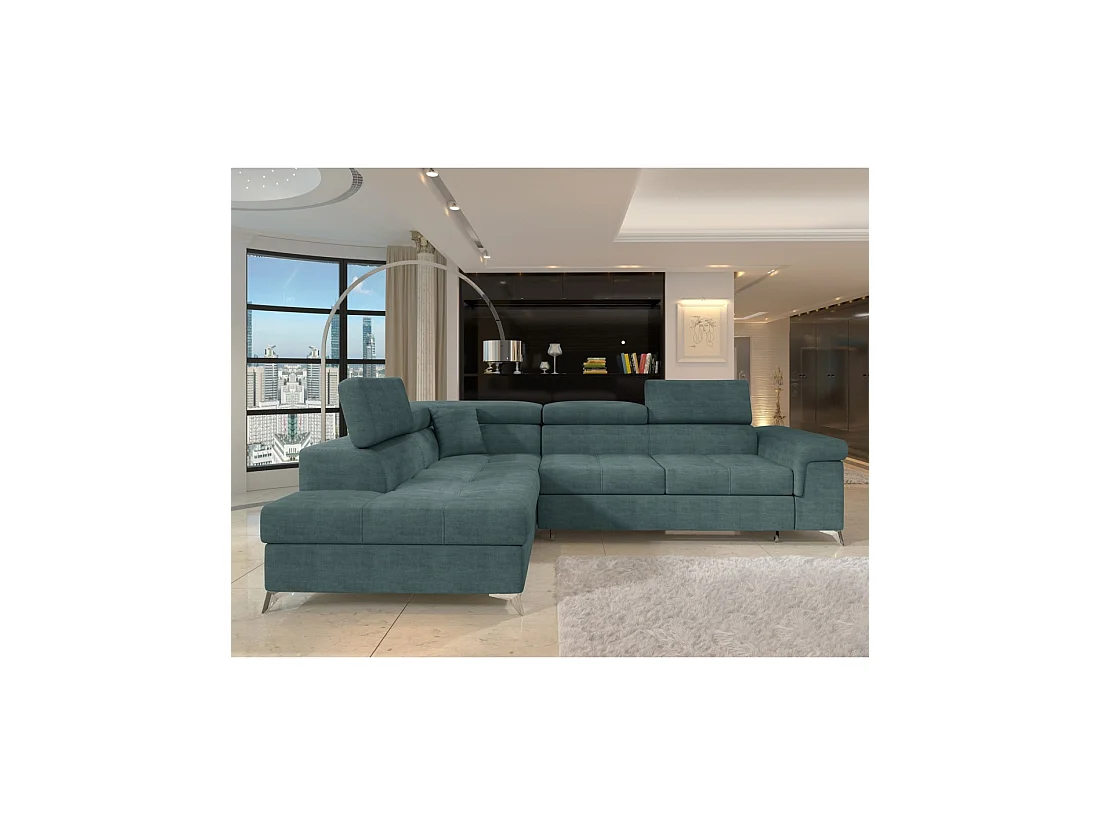 Canapé d'angle convertible PALAZZO 4 places vert bleu – angle gauche avec coffre