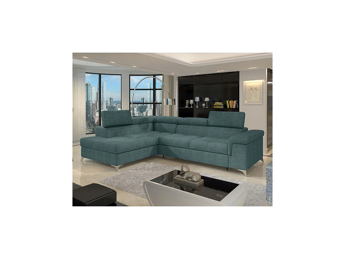 Canapé d'angle convertible PALAZZO 4 places vert bleu – angle gauche avec coffre