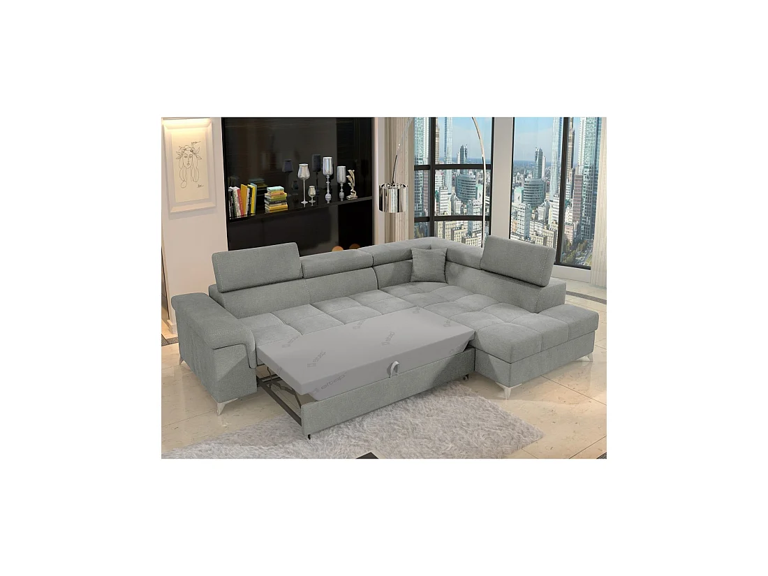 Sofá de esquina convertible PALAZZO 4 plazas gris claro – ángulo derecho con baúl