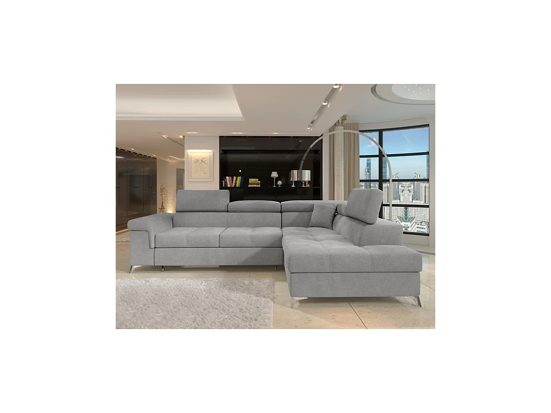 Sofá de esquina convertible PALAZZO 4 plazas gris claro – ángulo derecho con baúl