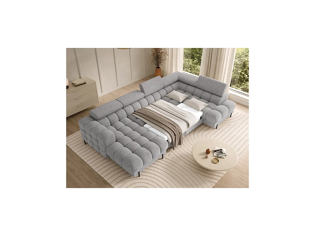 Sofá panorámico convertible gris jaspeado claro ángulo derecho FERARIA 358x93x202cm