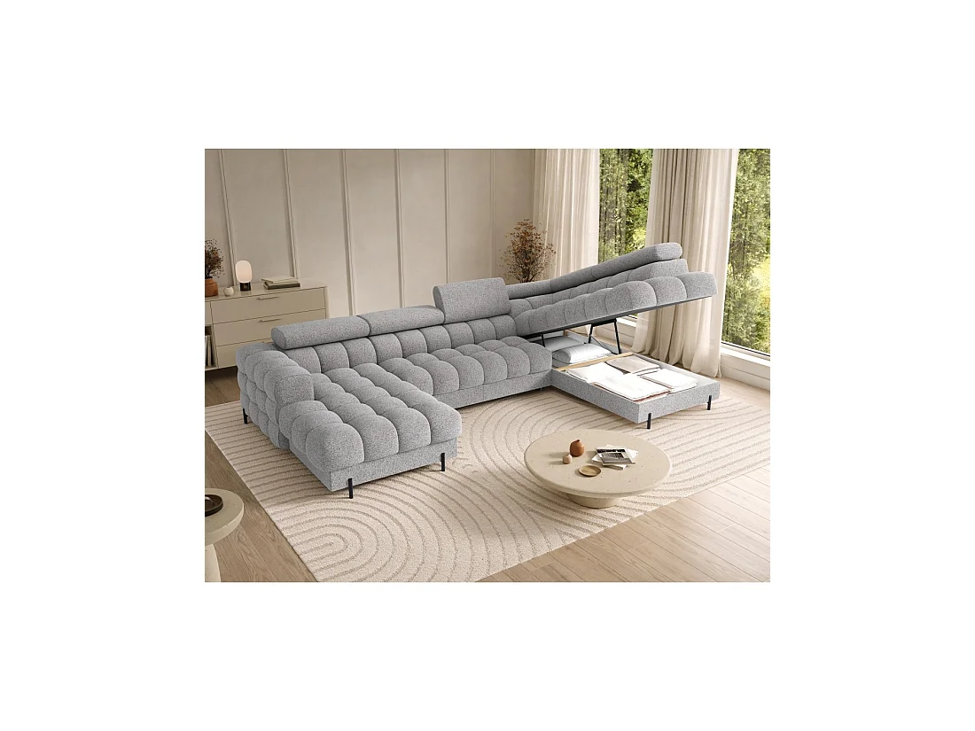 Sofá panorámico convertible gris jaspeado claro ángulo derecho FERARIA 358x93x202cm