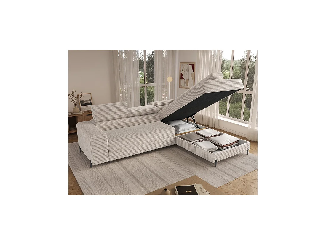 Canapé d'angle COLESIA convertible 5 places gris velours côtelé – droit – 274x200cm