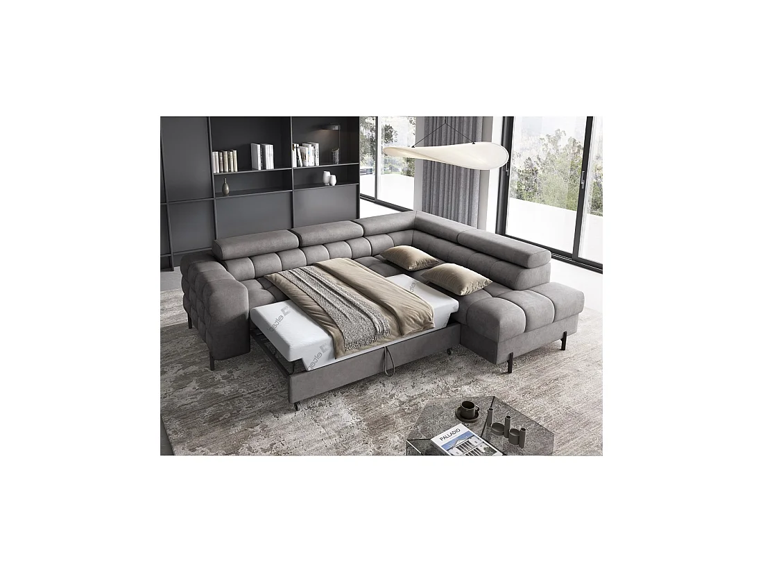 Canapé FERRUM Gris convertible 5 places angle droit appuie-têtes réglables 276x93x200cm