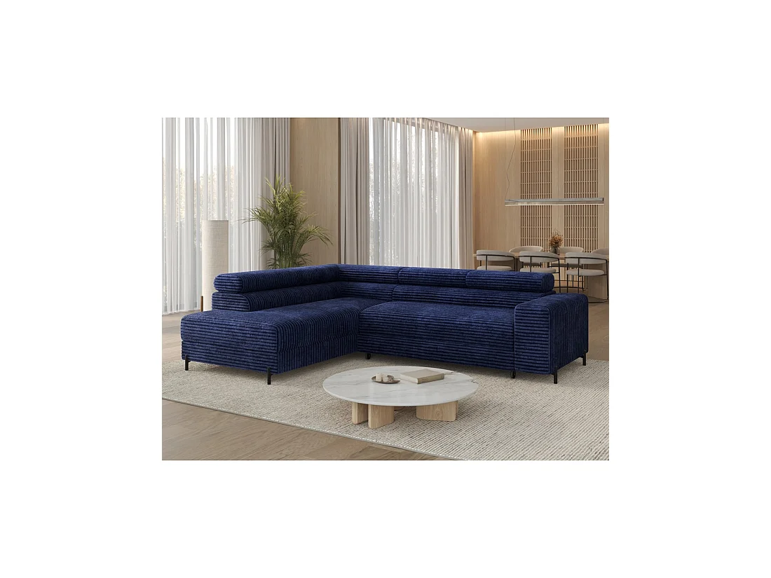 Sofá esquinero COLESIA convertible 5 plazas azul oscuro terciopelo acanalado – izquierda – 274x200cm