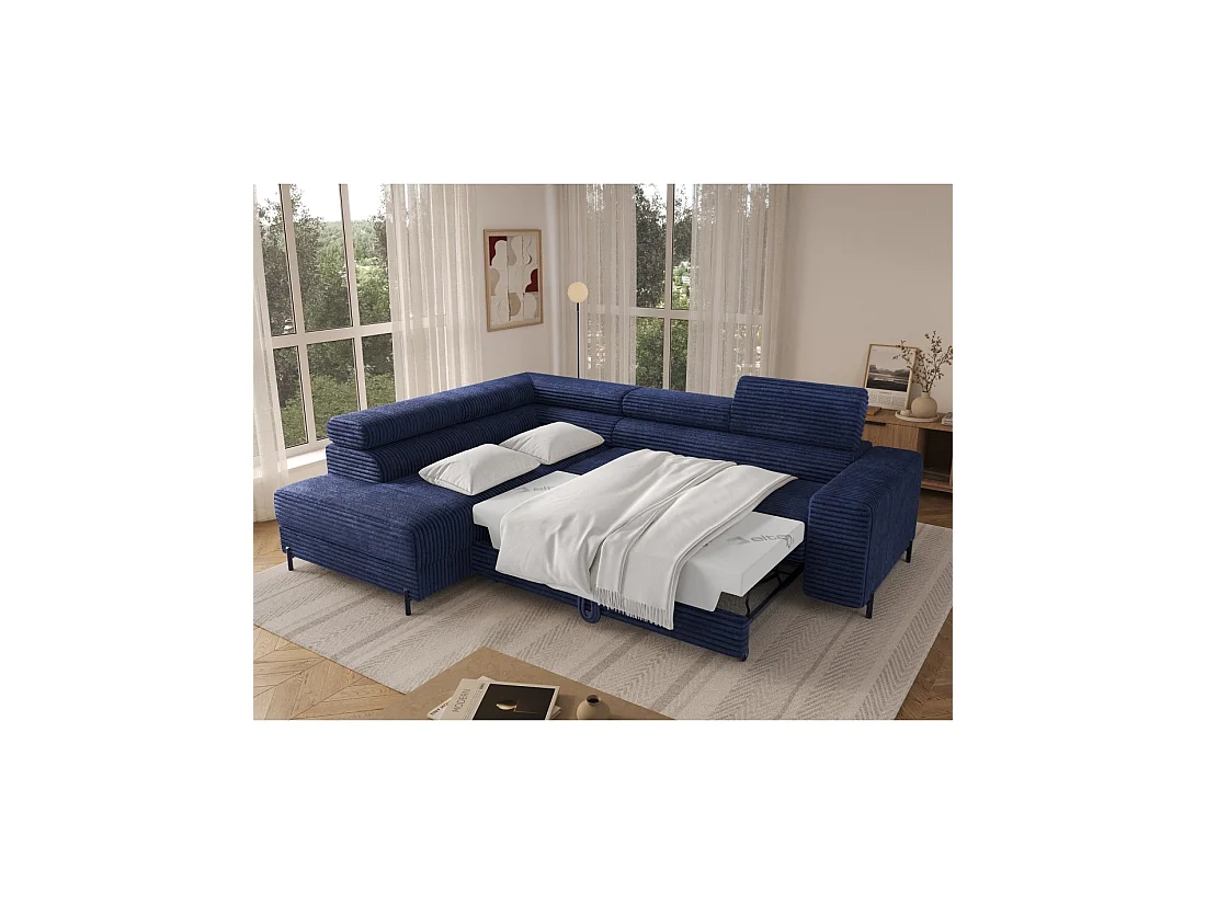 Sofá esquinero COLESIA convertible 5 plazas azul oscuro terciopelo acanalado – izquierda – 274x200cm