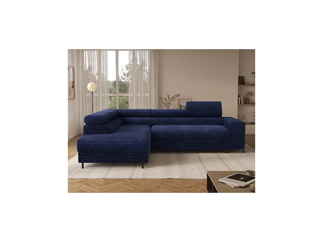 Sofá esquinero COLESIA convertible 5 plazas azul oscuro terciopelo acanalado – izquierda – 274x200cm