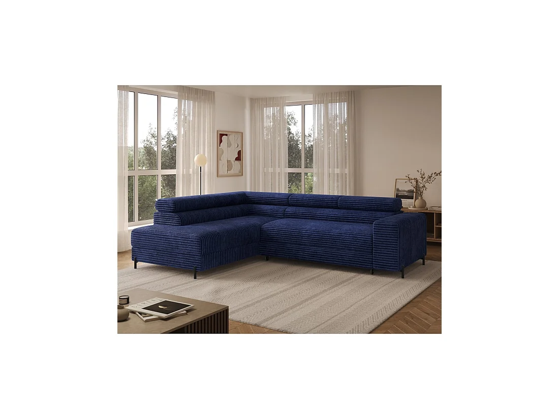 Sofá esquinero COLESIA convertible 5 plazas azul oscuro terciopelo acanalado – izquierda – 274x200cm