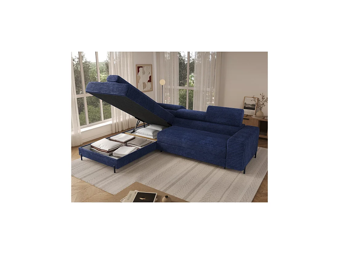 Sofá esquinero COLESIA convertible 5 plazas azul oscuro terciopelo acanalado – izquierda – 274x200cm