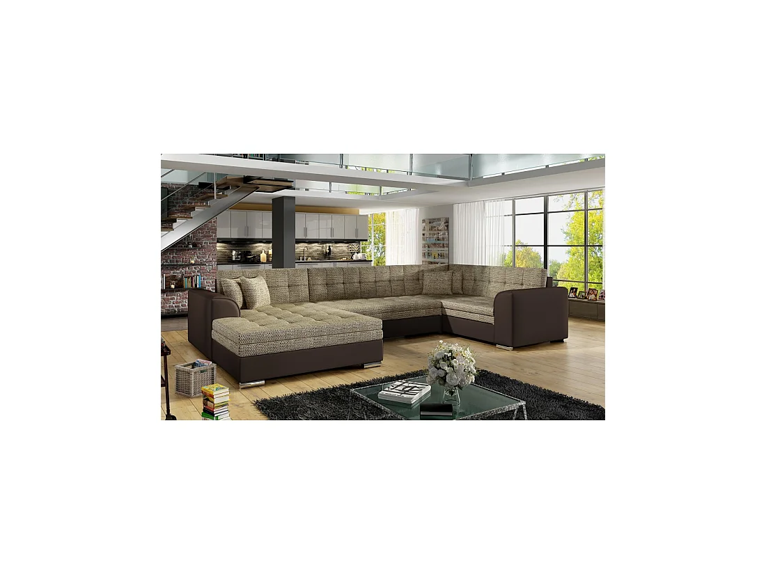 Canapé panoramique convertible CALDERO 5 places beige et chocolat – angle gauche