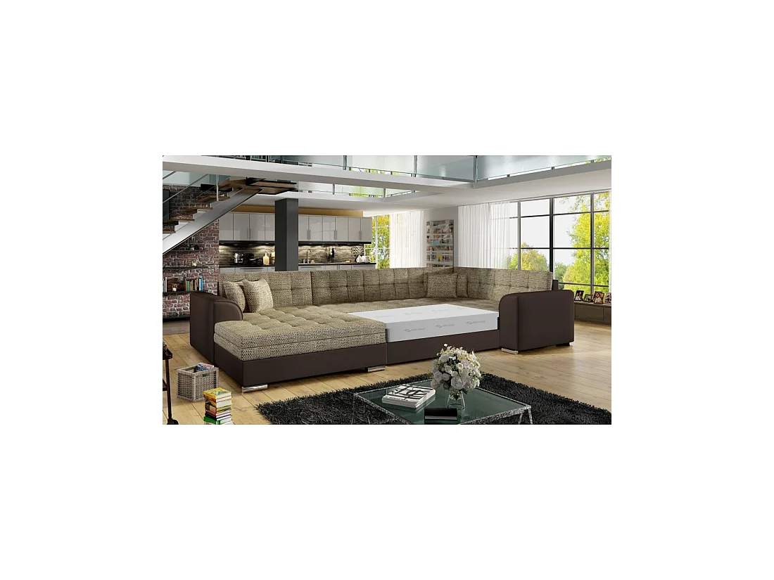 Canapé panoramique convertible CALDERO 5 places beige et chocolat – angle gauche