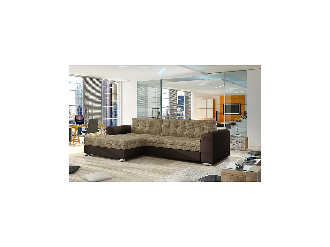 Sofá esquinero convertible CONFORTO 4 plazas beige y chocolate – ángulo izquierdo