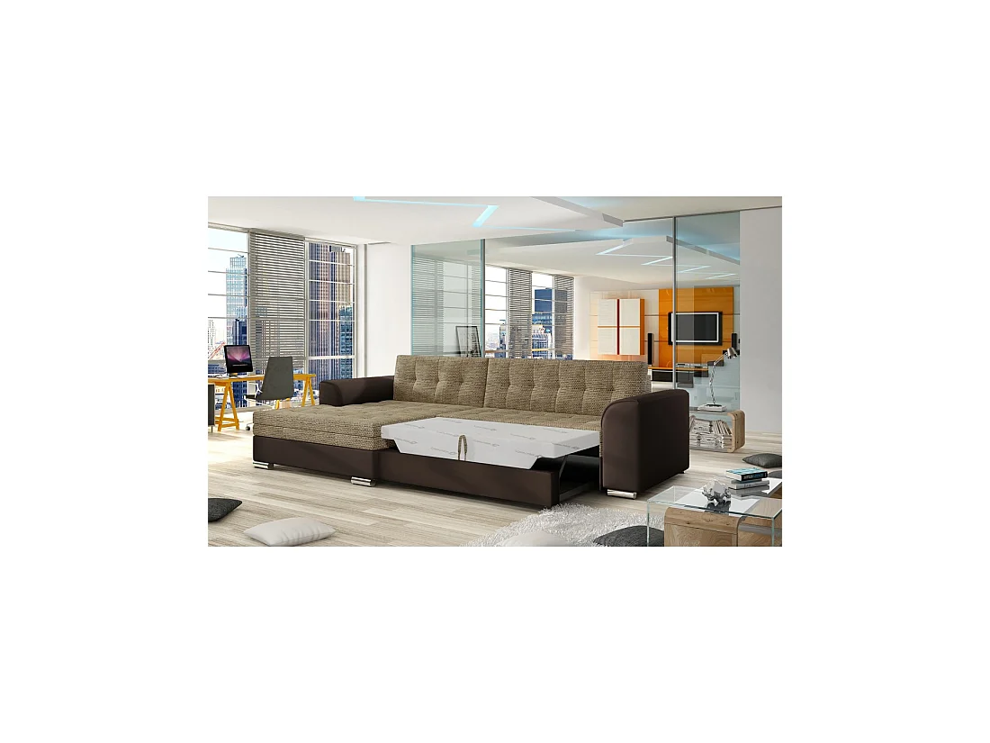 Sofá esquinero convertible CONFORTO 4 plazas beige y chocolate – ángulo izquierdo